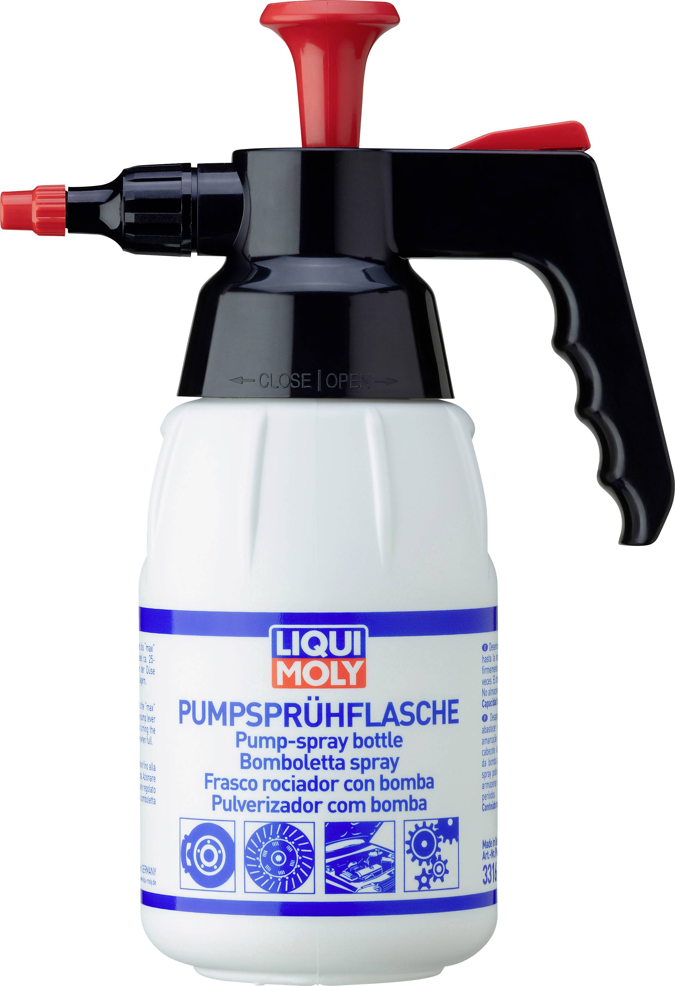 White pump spray bottle with a black handle and red spray nozzle. The bottle is printed with the Liqui Moly logo and product description.