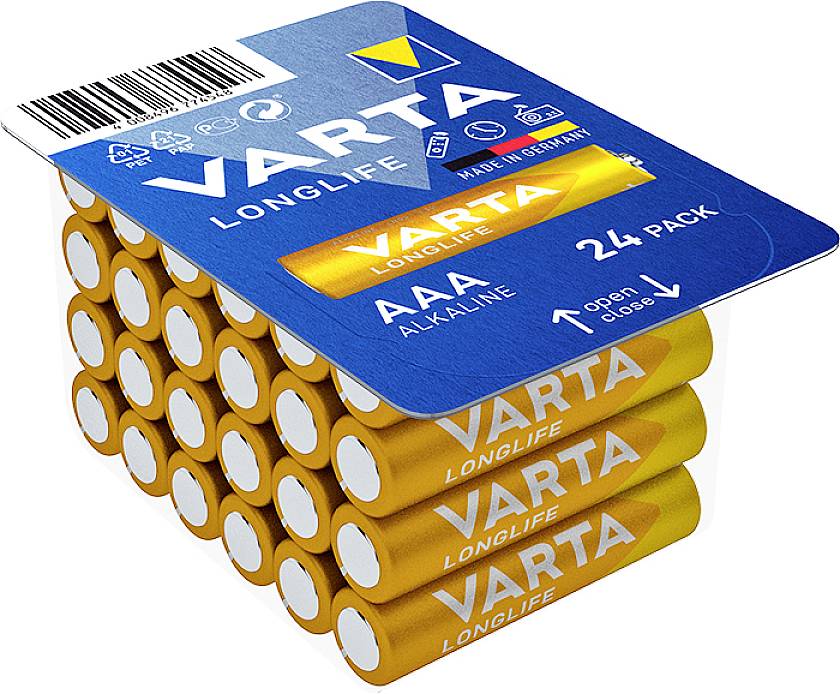 A pack of 24 Varta AAA Alkaline batteries. Packaging in blue and yellow, with the note 'LONGLIFE' and 'Made in Germany'.