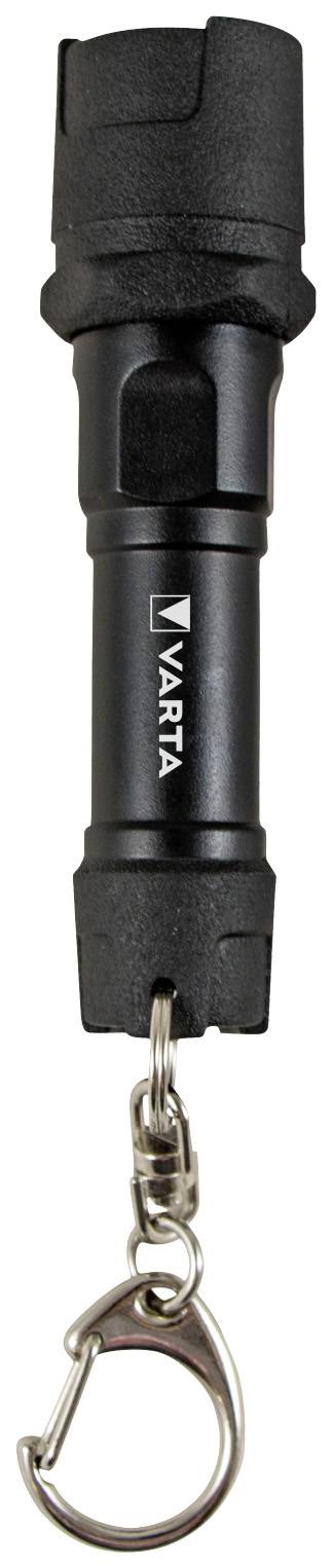 A small, black torch with a VARTA logo and a keyring on the underside.