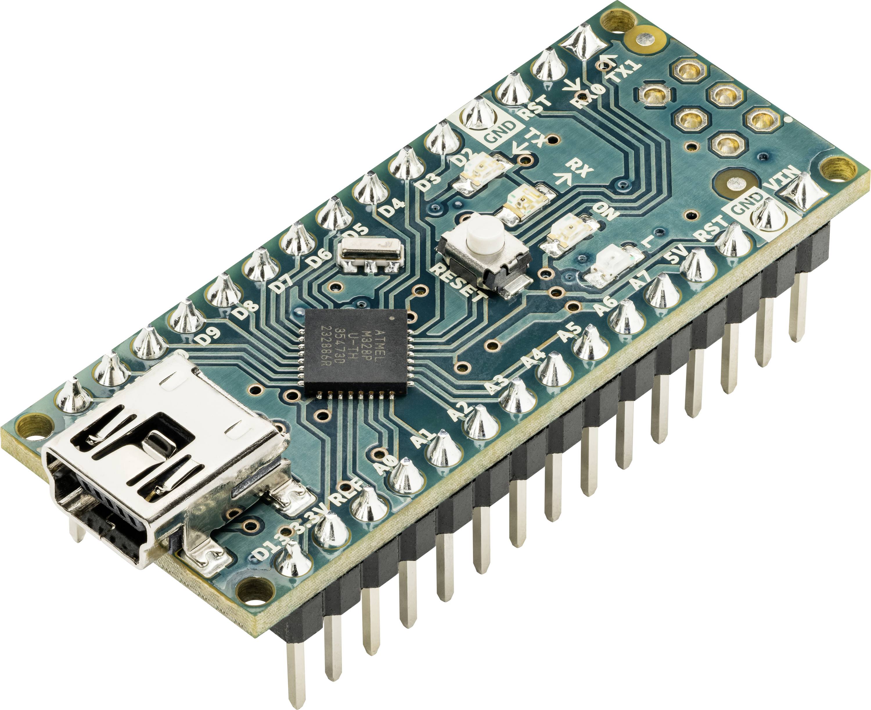 Microcontroller development board with USB port, reset button, and rows of pin headers on a white background.