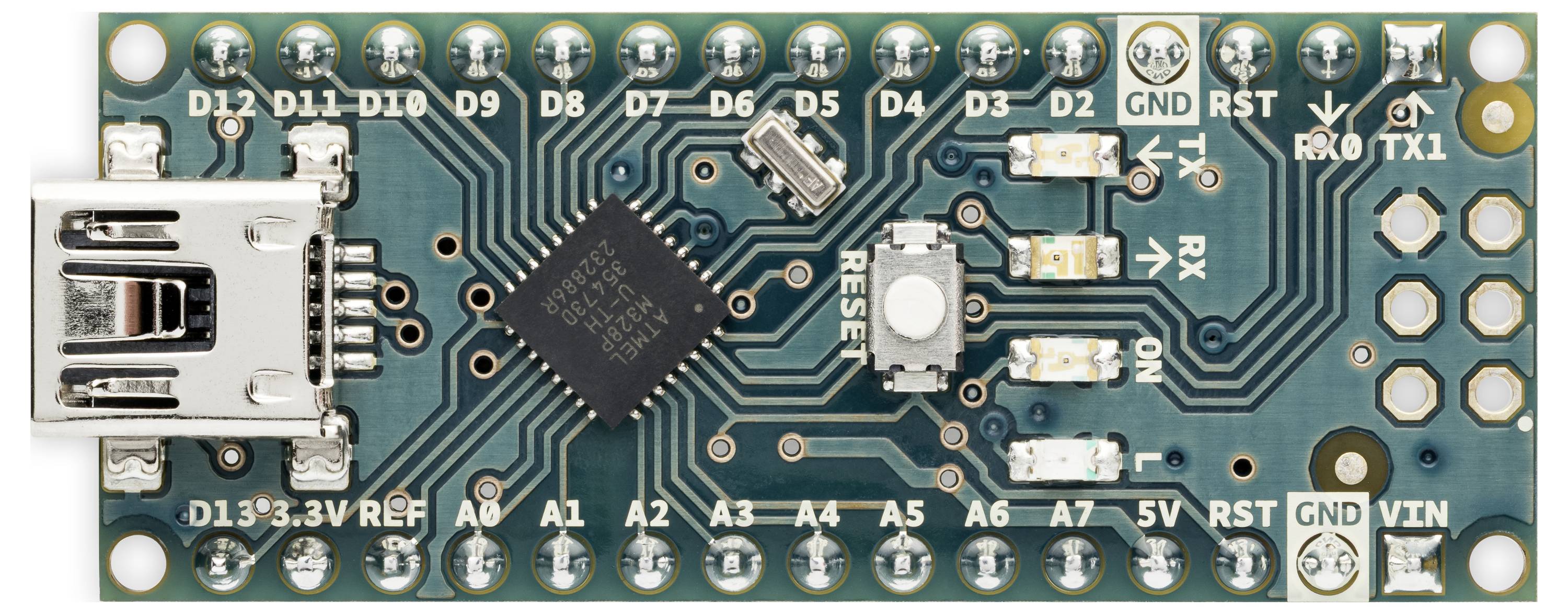 Arduino Nano-style microcontroller board with USB port and pin headers labeled D13, D12, D11, D10, D9, D8, D7, D6, D5, D4, D3, D2, GND, RST, RX, TX, A0-A7, 5V, VIN.