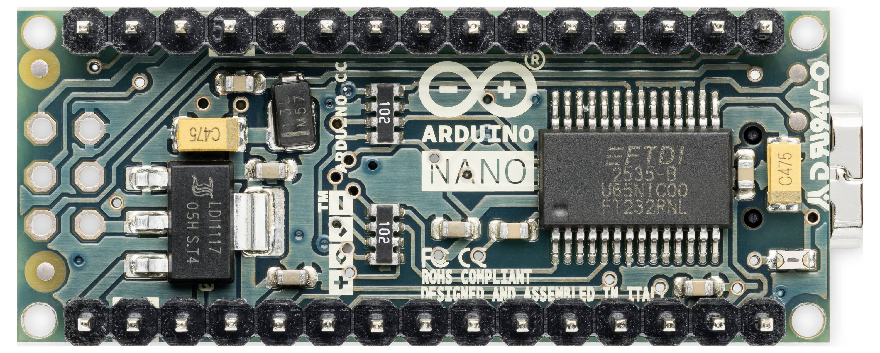 Arduino Nano microcontroller board with USB connector pins, labeled 'ARDUINO NANO', shown on a white background.