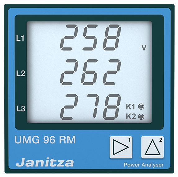 Spannungsanzeige auf einem digitalen Messgerät mit Werten: L1 250V, L2 262V, L3 278V. Text 'UMG 96 RM' unten links.