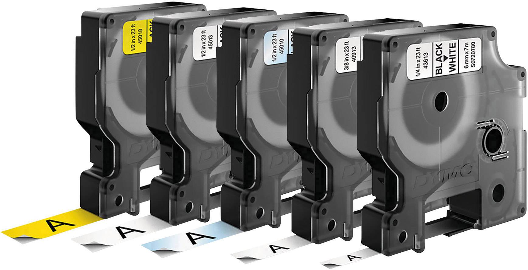Five ribbon labels in different colours (yellow, blue, red, black, white) side by side, each with label 'A'.