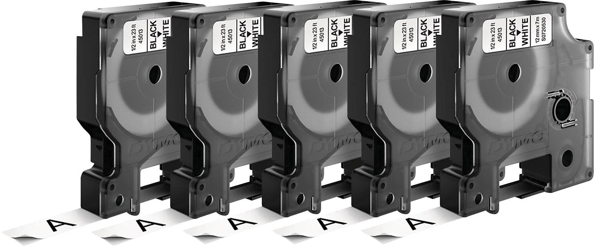 Five black tape cassettes labelled with white stickers, each printing the letter 'A'.