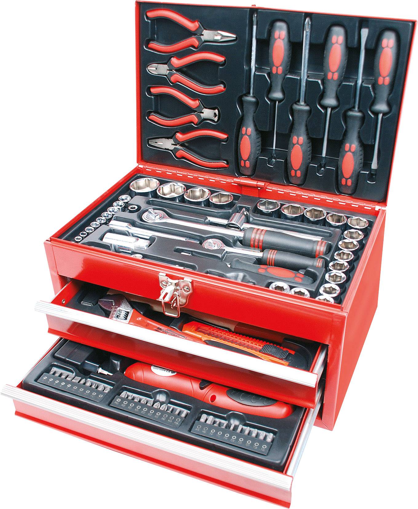 An open red toolbox displaying various tools such as pliers, screwdrivers, and socket wrenches across multiple levels.
