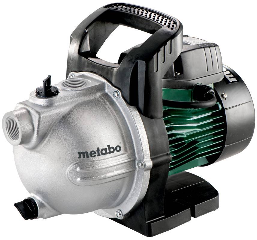 Portable electric water pump with black handle and green motor housing, branded 'metabo', shown on a white background.