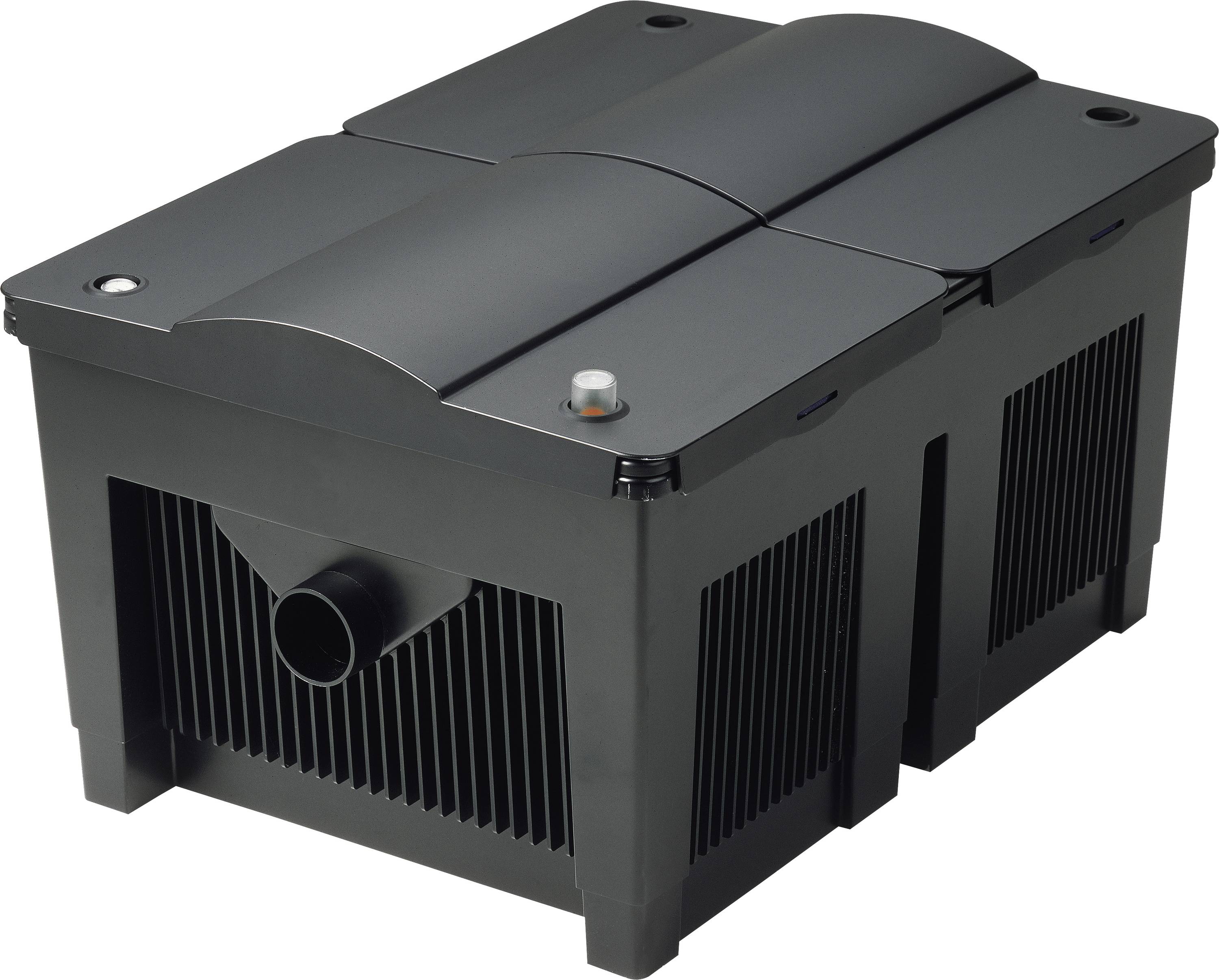 Black electronic cooling unit with vented sides and a central intake pipe.