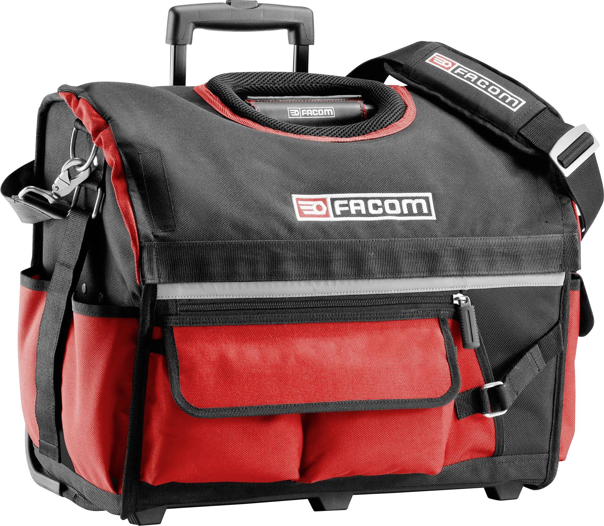 Black and red tool bag with multiple pockets and a shoulder strap, suitable for storing and transporting tools.
