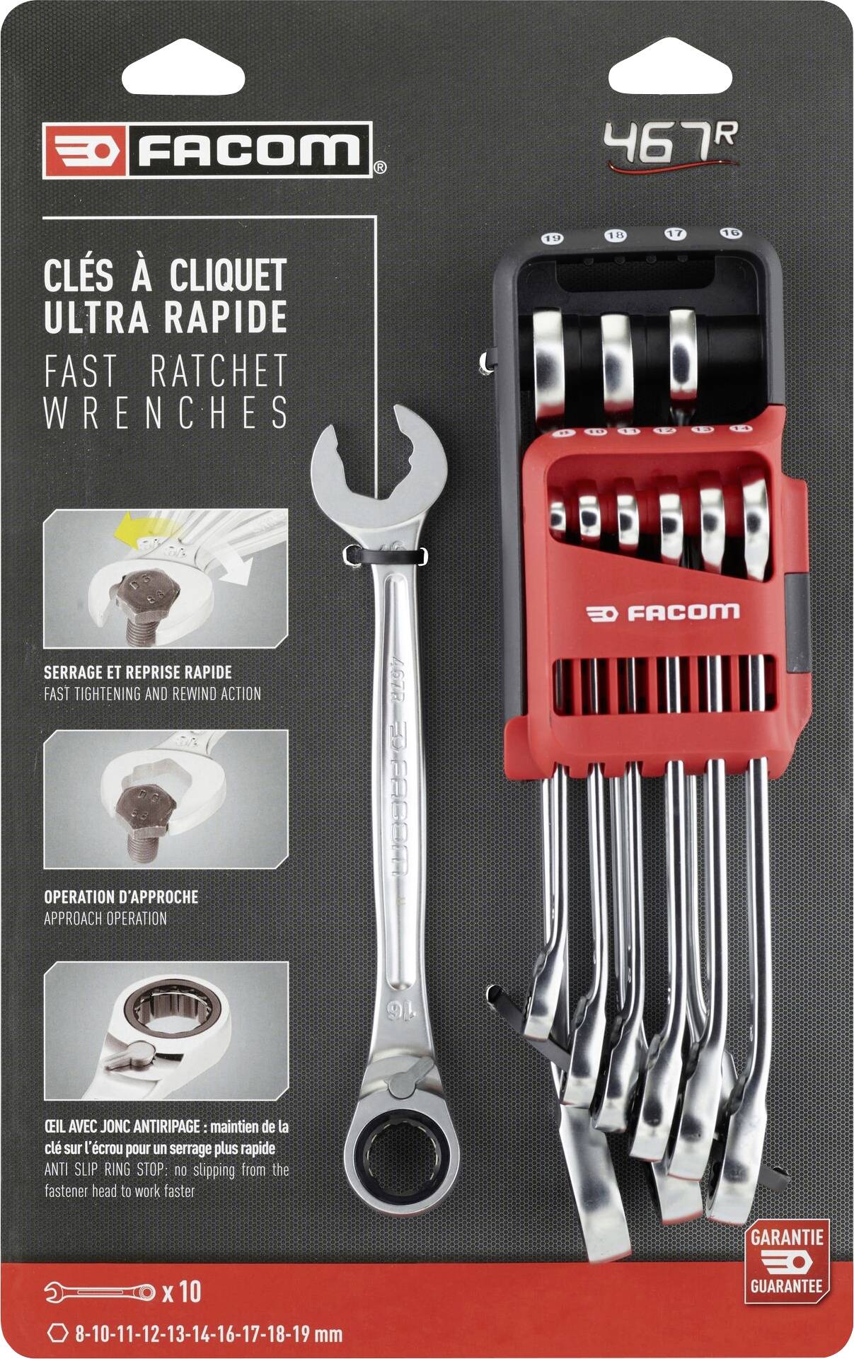 'Facom 467R' Spanner Set, 10-piece, with Quick-Release Ratchet, Sizes 8-19 mm, including Red Holder, emphasising rapid fastening action.