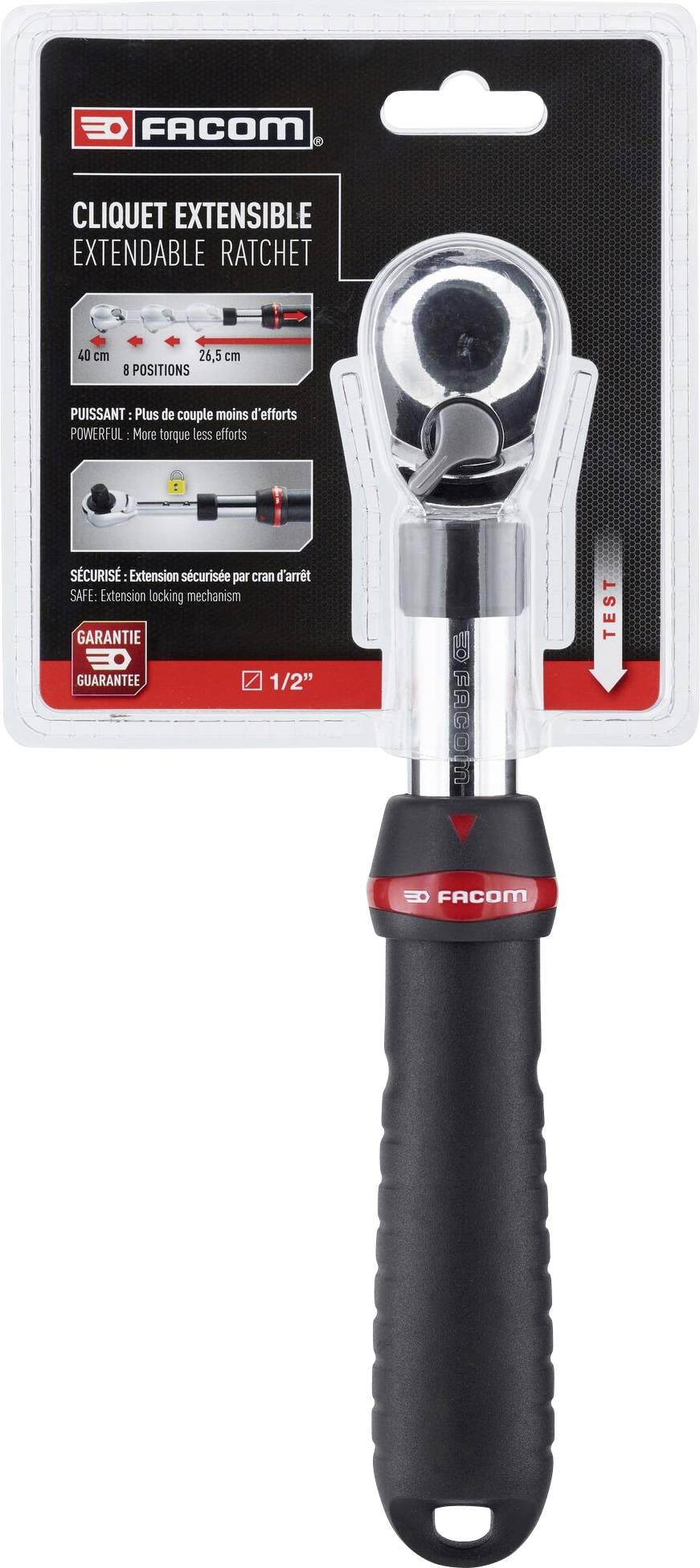A telescopic Facom ratchet spanner in packaging, suitable for precise work in hard-to-reach areas.