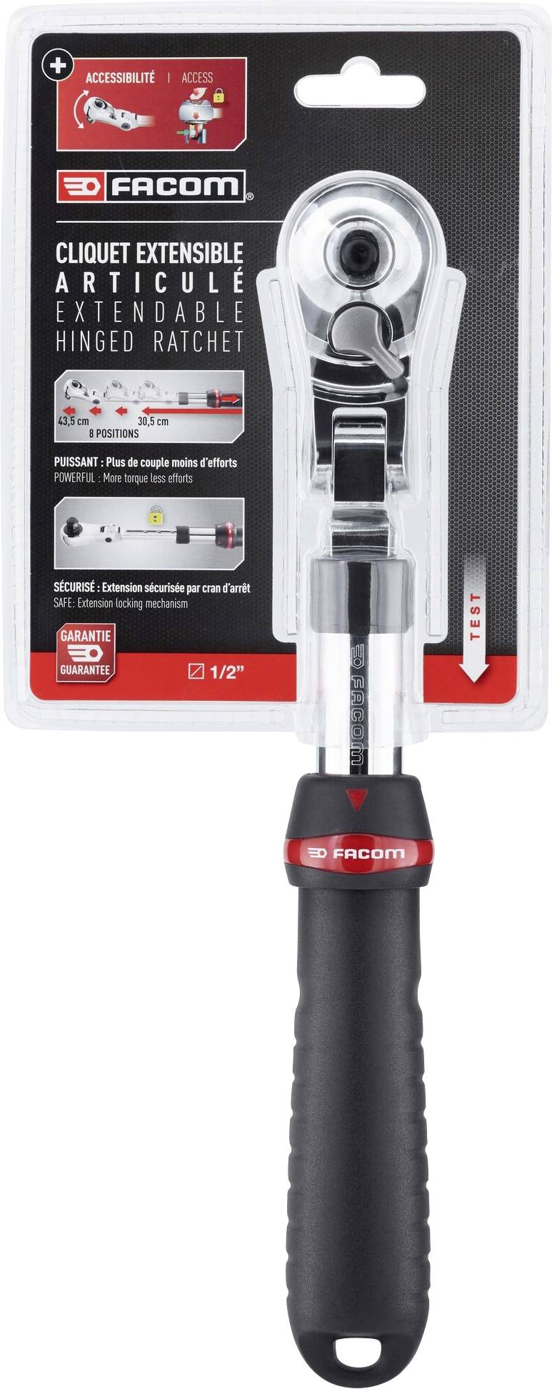 'Facom' ratchet with a rotatable head, extendable and flexible. Packaging shows product details and tool size of 1/2 inch.