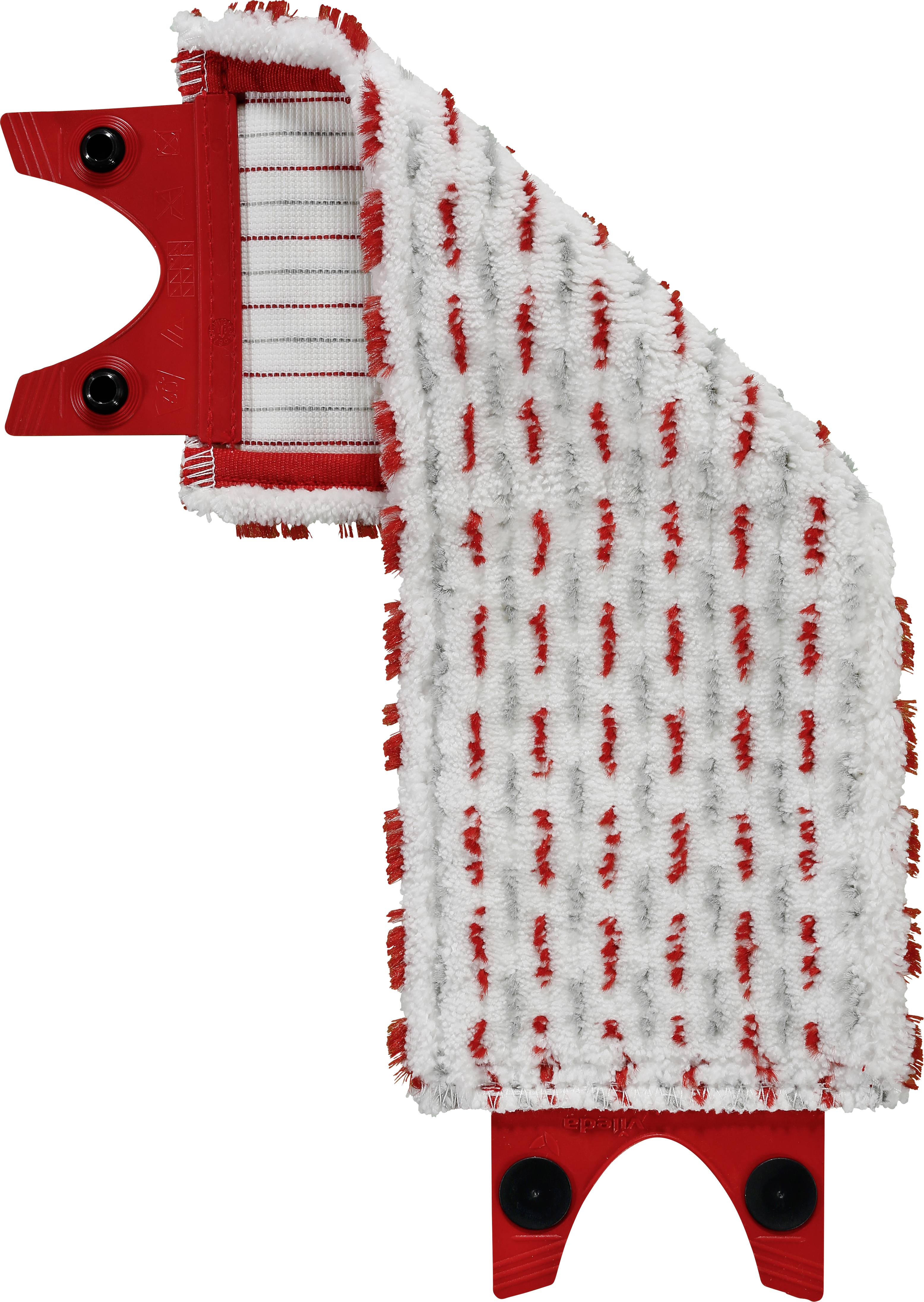 A red and white cleaning pad with bristles, attached to a red plastic base. It has an angled design, suitable for cleaning equipment.