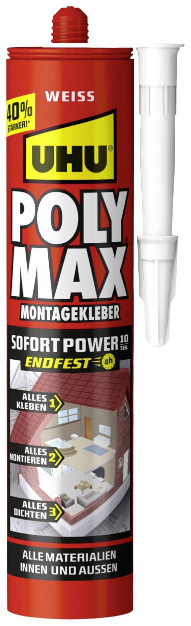Red cartridge of UHU Poly Max Mounting Adhesive, white nozzle, 40% faster, suitable for indoor and outdoor applications, strong adhesion.