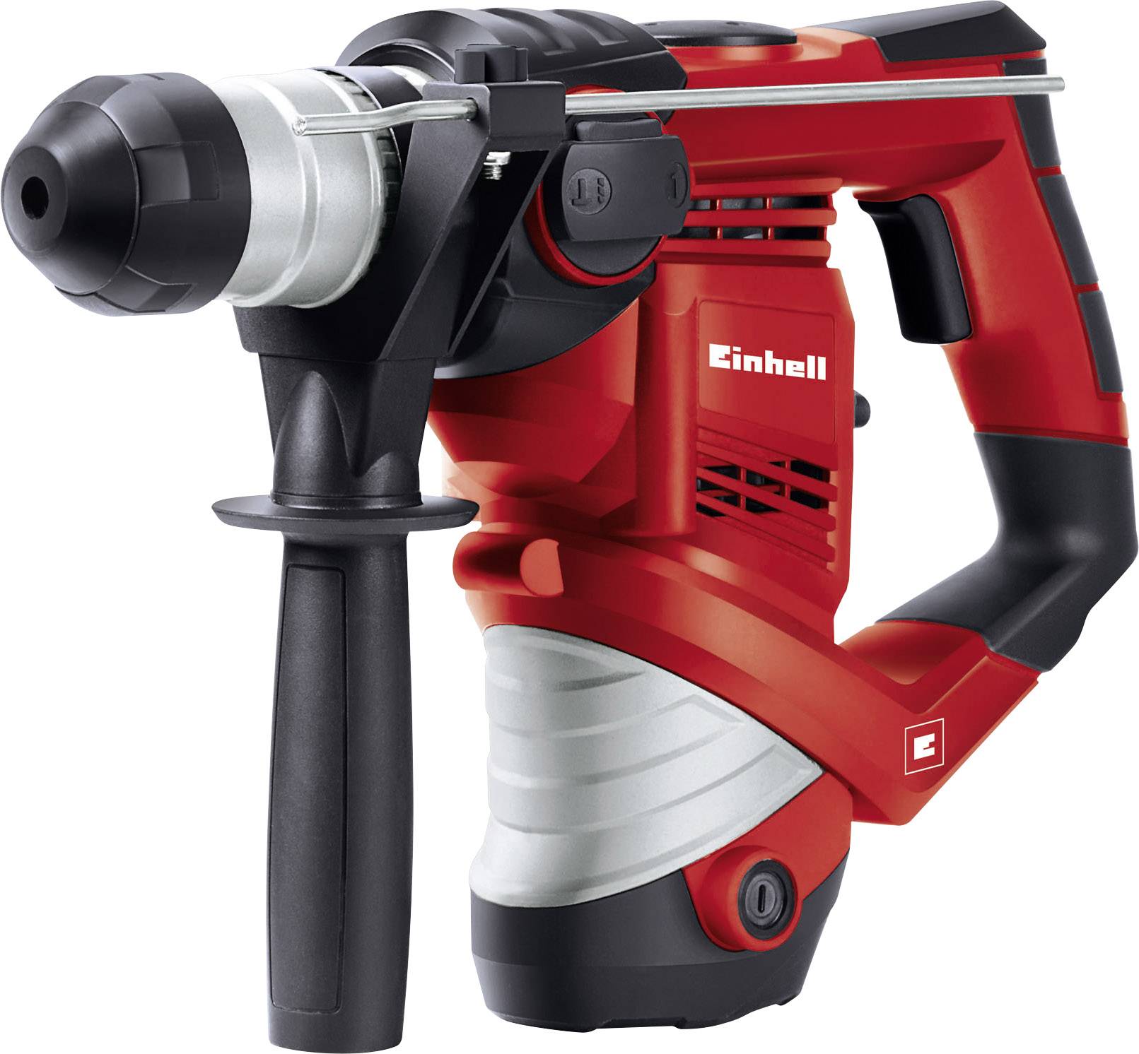 Red and black rotary hammer drill with additional side handle, suitable for construction and renovation work.
