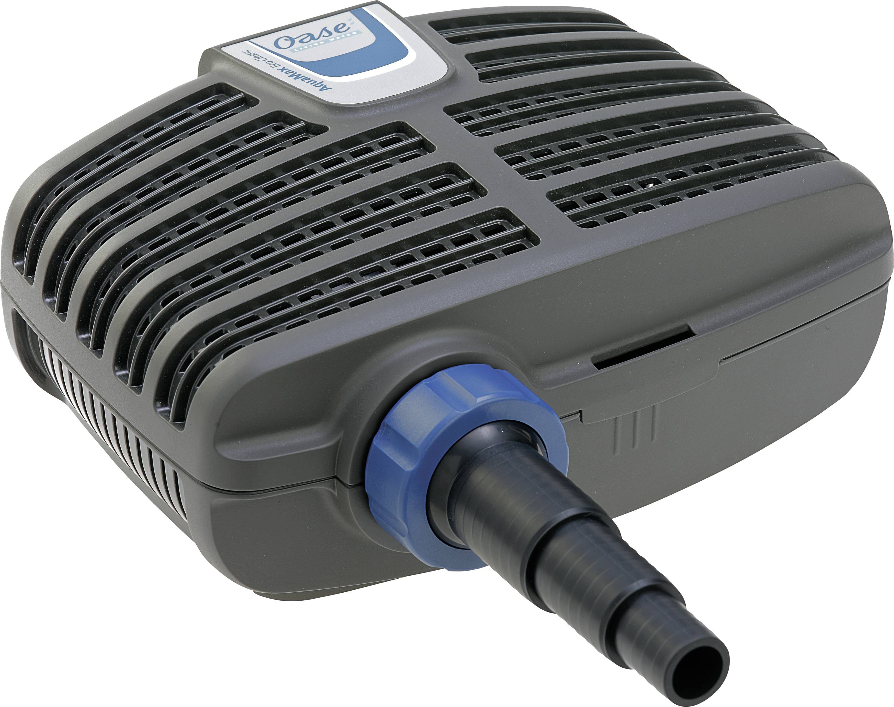 A compact, dark-colored water pump with a blue adapter for connecting hoses. It features a grid-like top design and a sideways outlet.