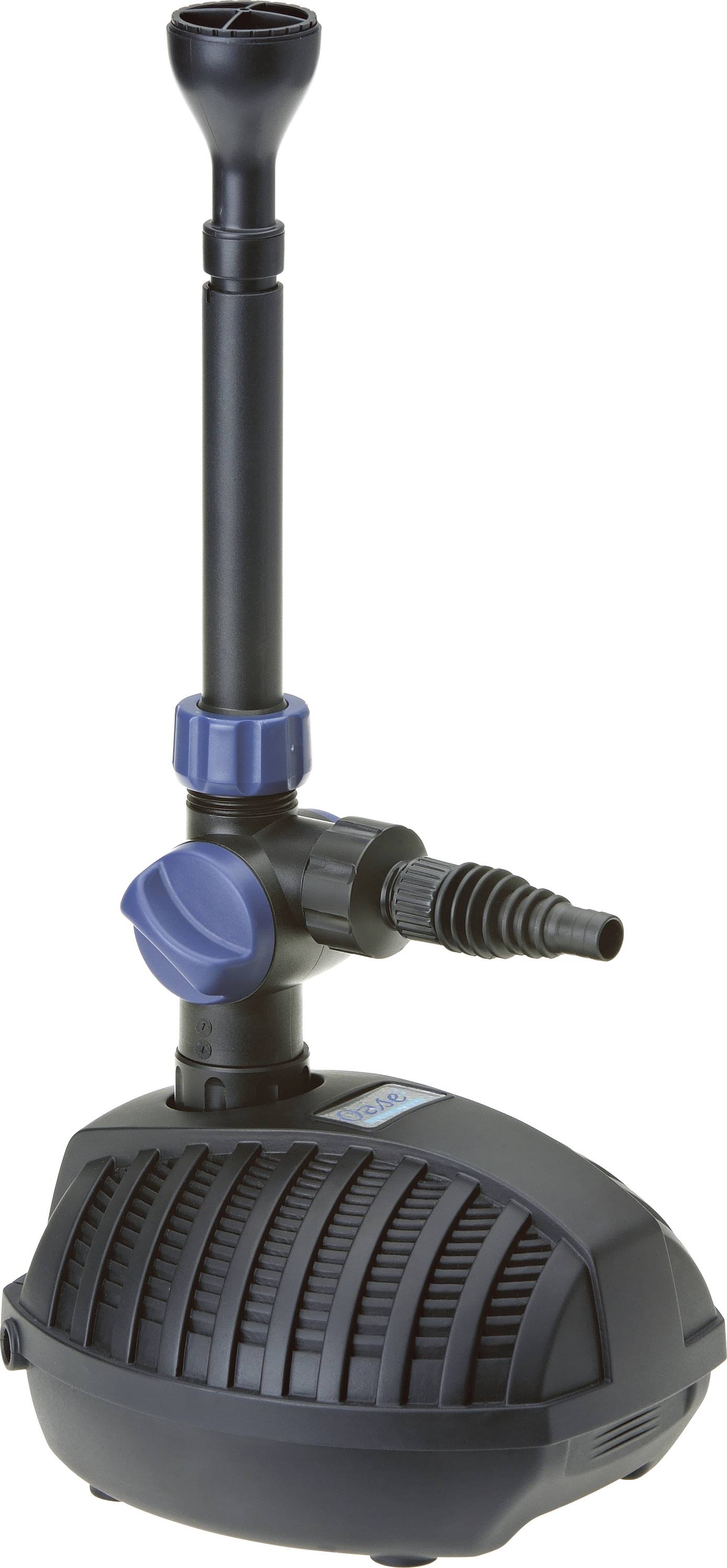 A black and blue pond pump with a vertical nozzle, adjustable valve, and ribbed design, typically used for water features or fountains.