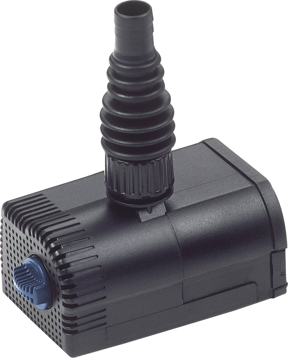 A small, black water pump with a ribbed hose attachment and a blue control knob, designed for use in aquariums or fountains.