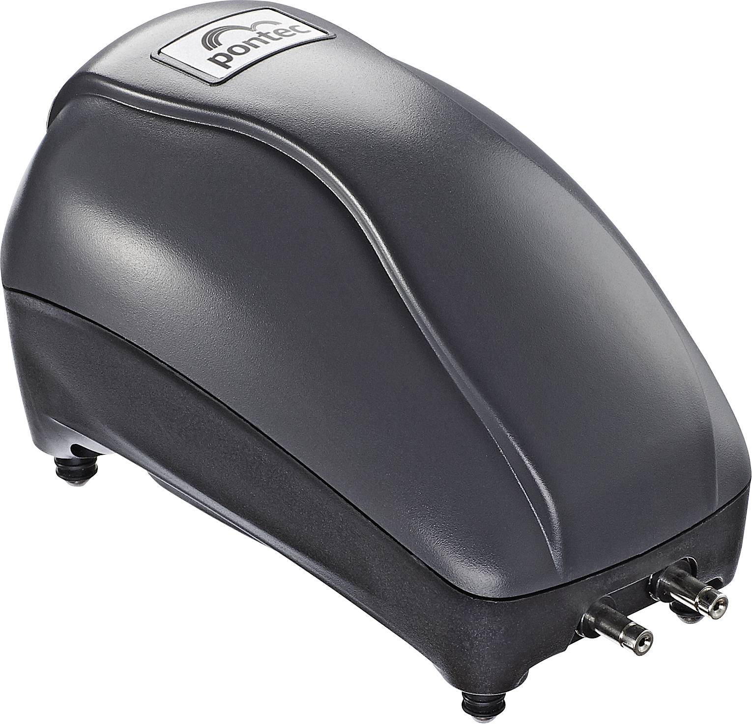 A black Pontec aquarium air pump with dual outlets, designed for aerating fish tanks, featuring a sleek, curved design.
