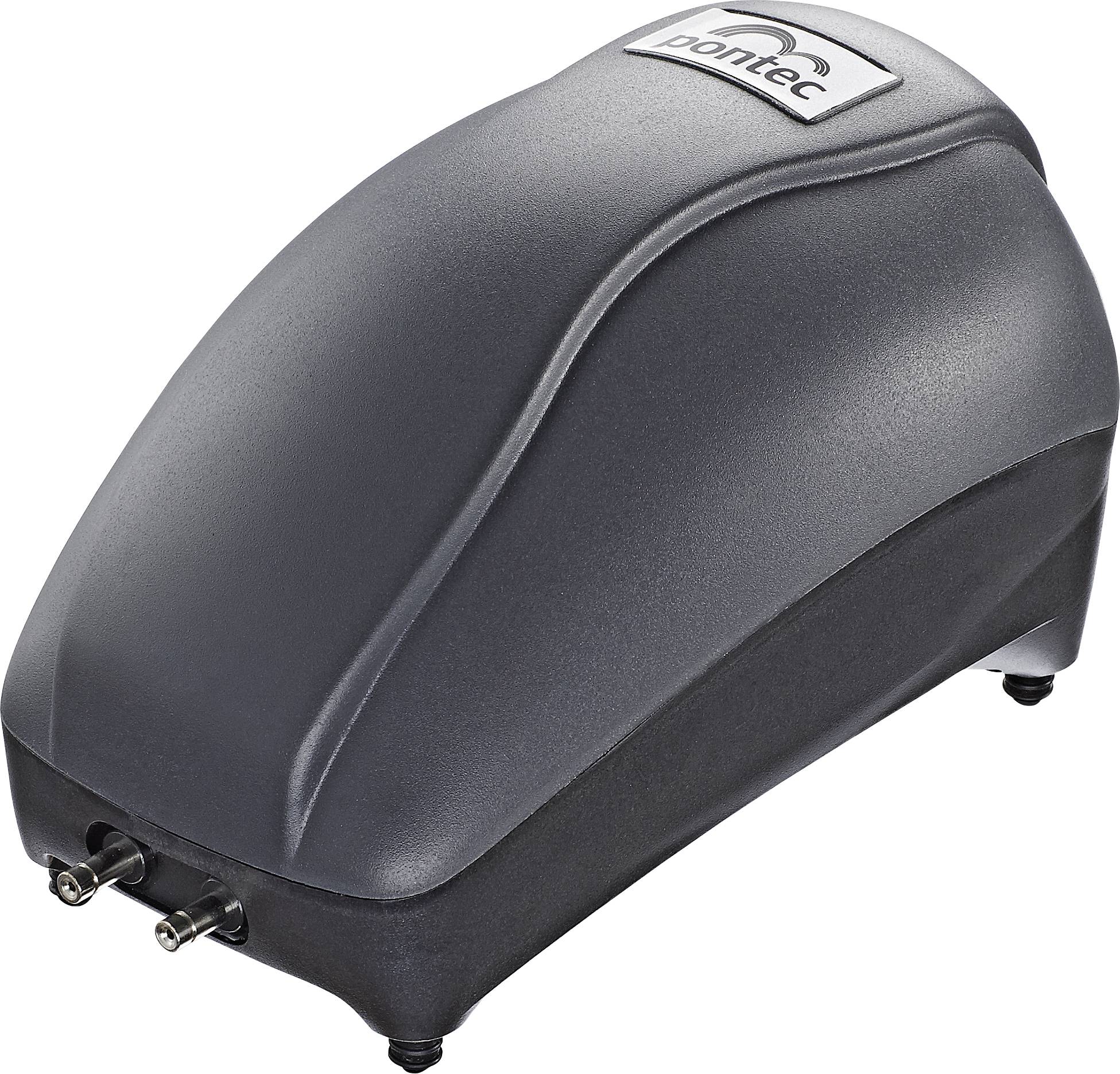 A black and gray pond air pump with 'pontec' logo on top, featuring two metal output nozzles at the front.