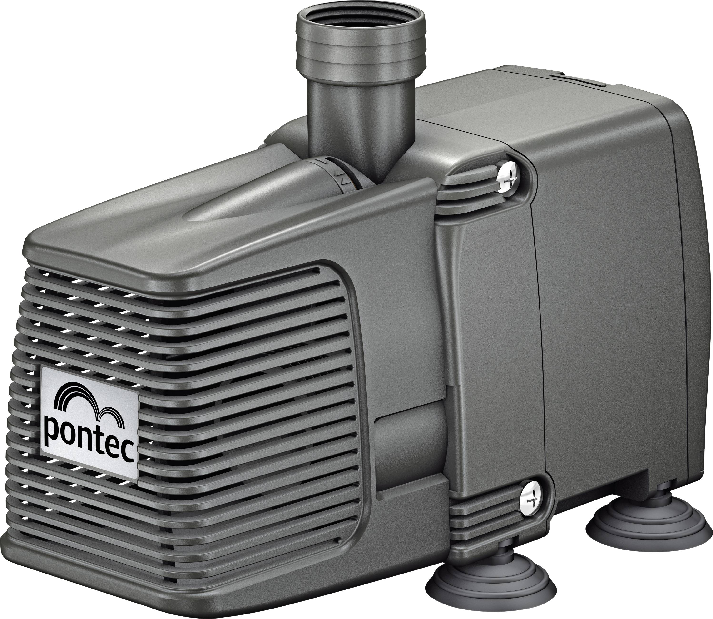 Pontec water pump in black with adjustable nozzle and four suction cups at the base, designed for garden ponds and water features.