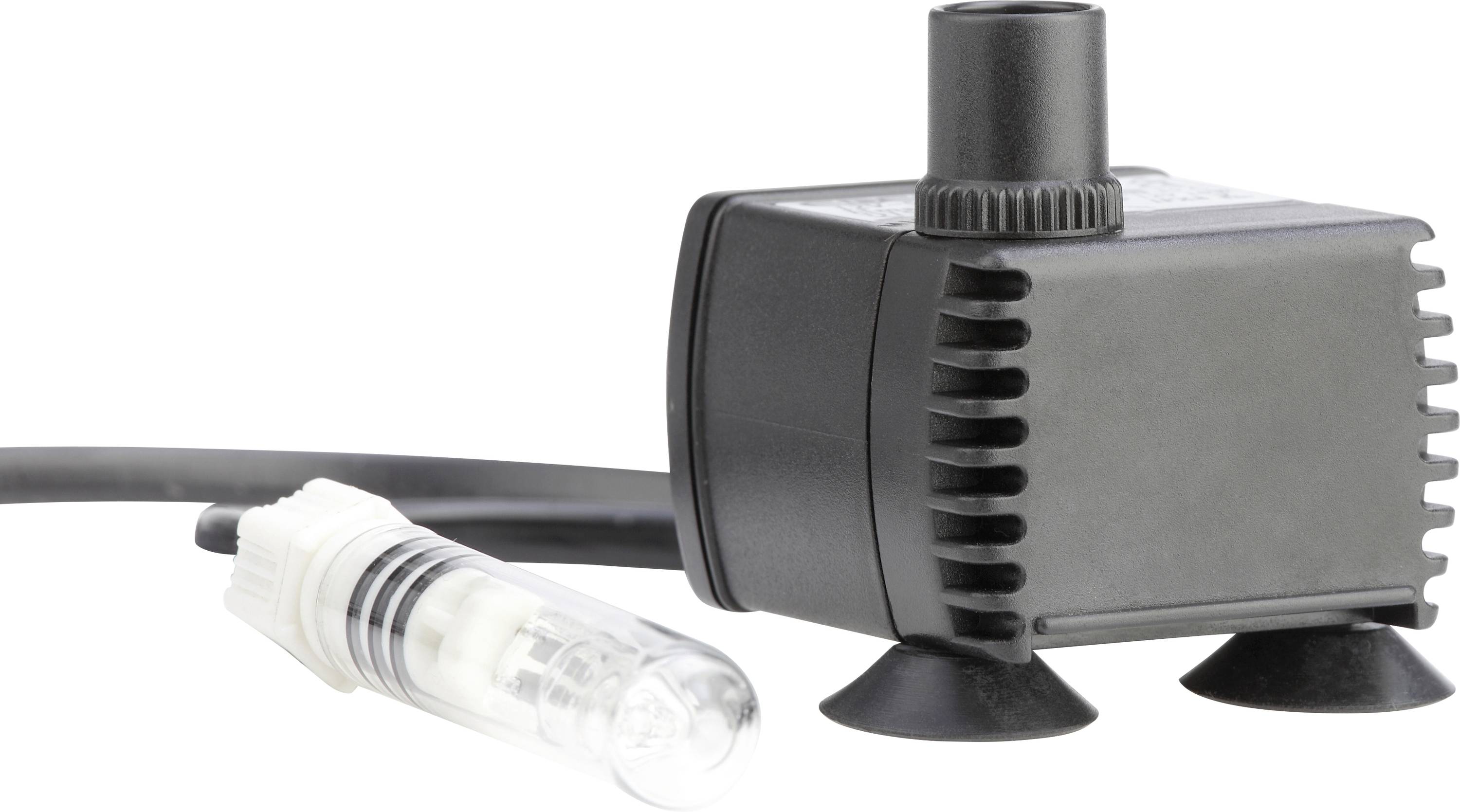 Image of a small black aquarium pump with a clear attachment and power cable, used for water circulation or filtration in tanks.