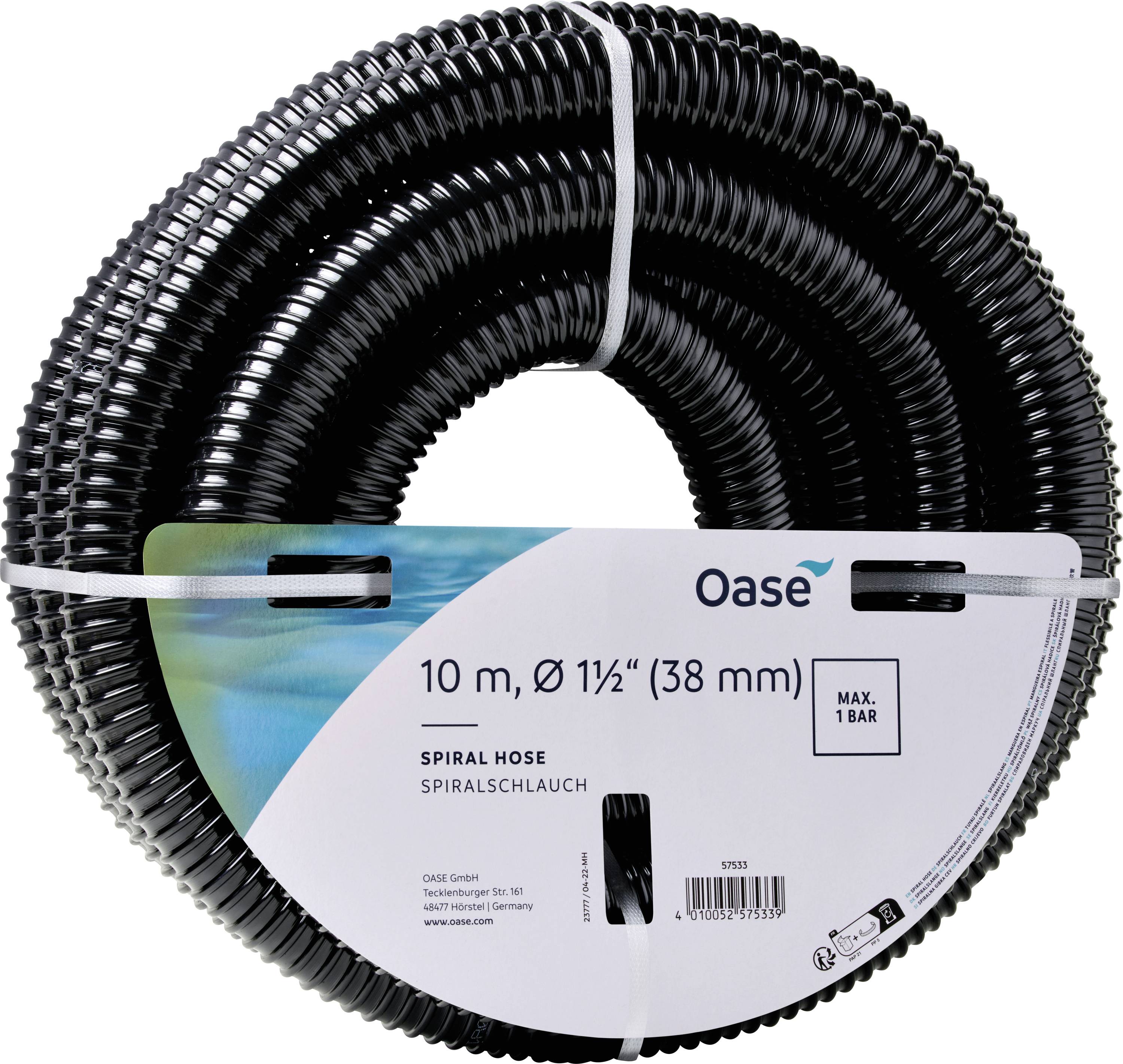 A coil of black spiral hose with specifications: '10 m, Ø 1½