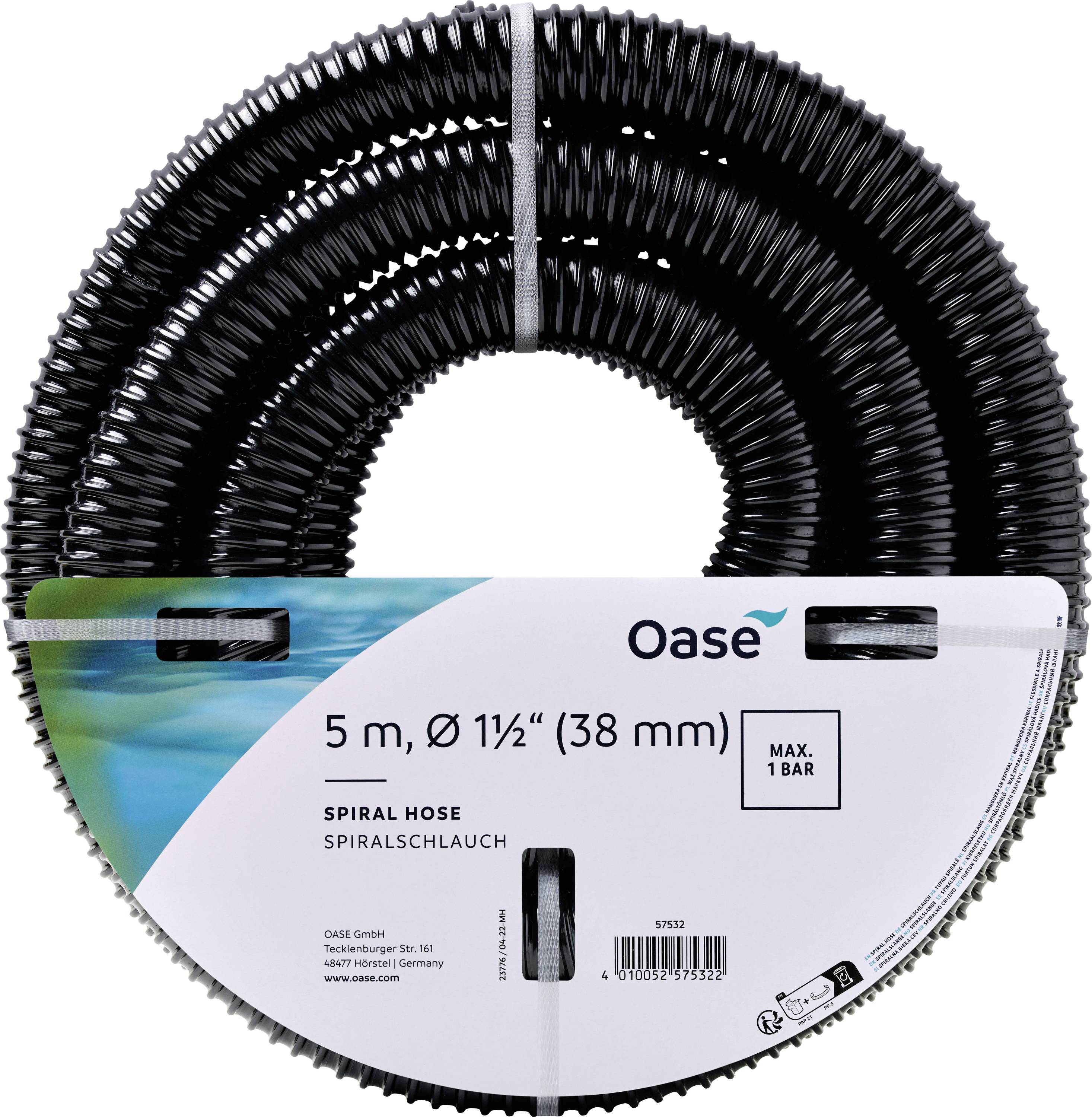 Black spiral hose, 5 meters, 38 mm diameter. Max 1 bar pressure. Brand: Oase.