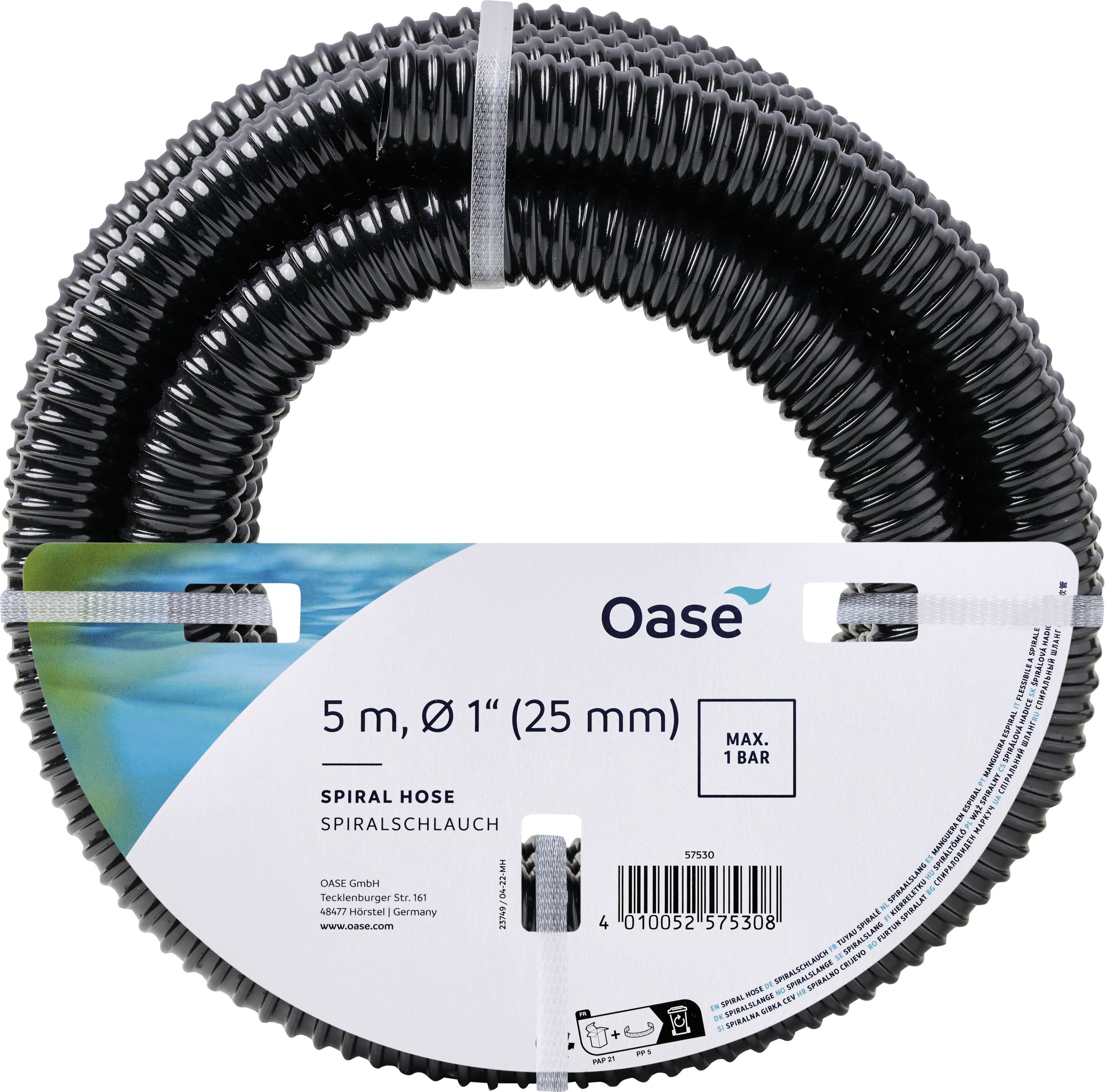 Coiled black spiral hose, 5 meters long, 25 mm in diameter, labeled as 'Spiral Hose' with max pressure of 1 bar, by Oase.