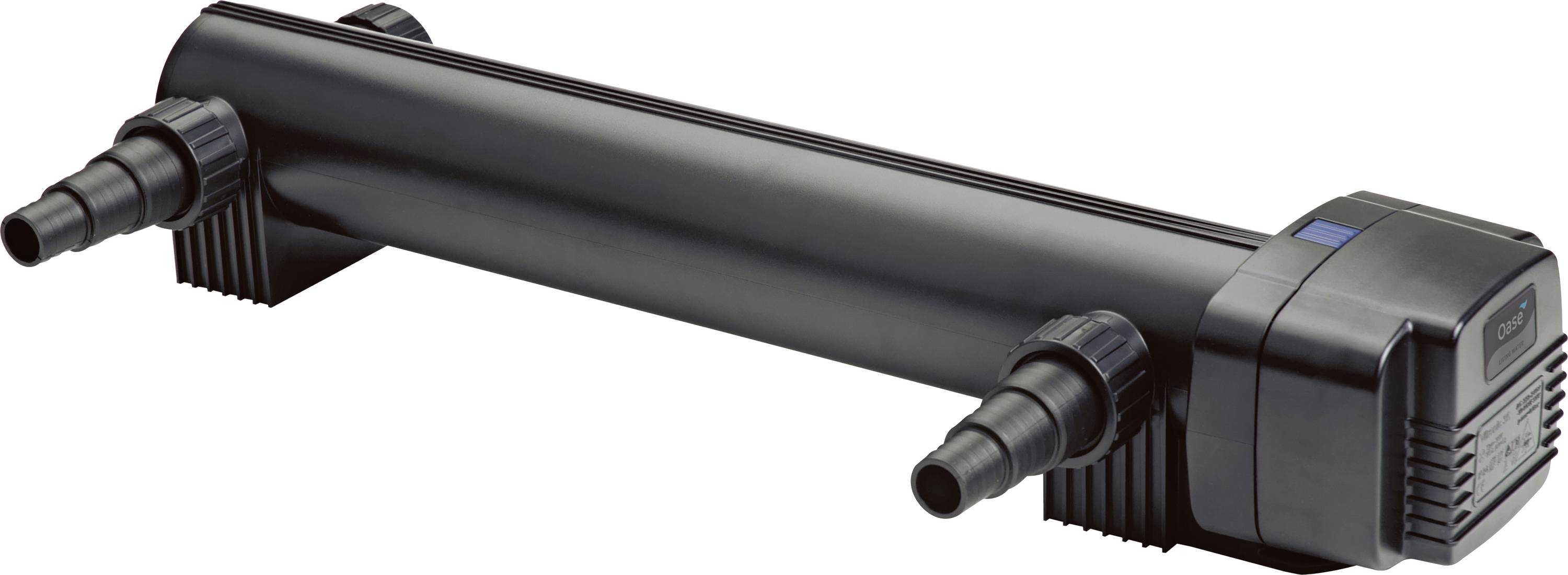 A black, cylindrical ultraviolet sterilizer with hose connectors on both ends, used for purifying water in aquariums or ponds.