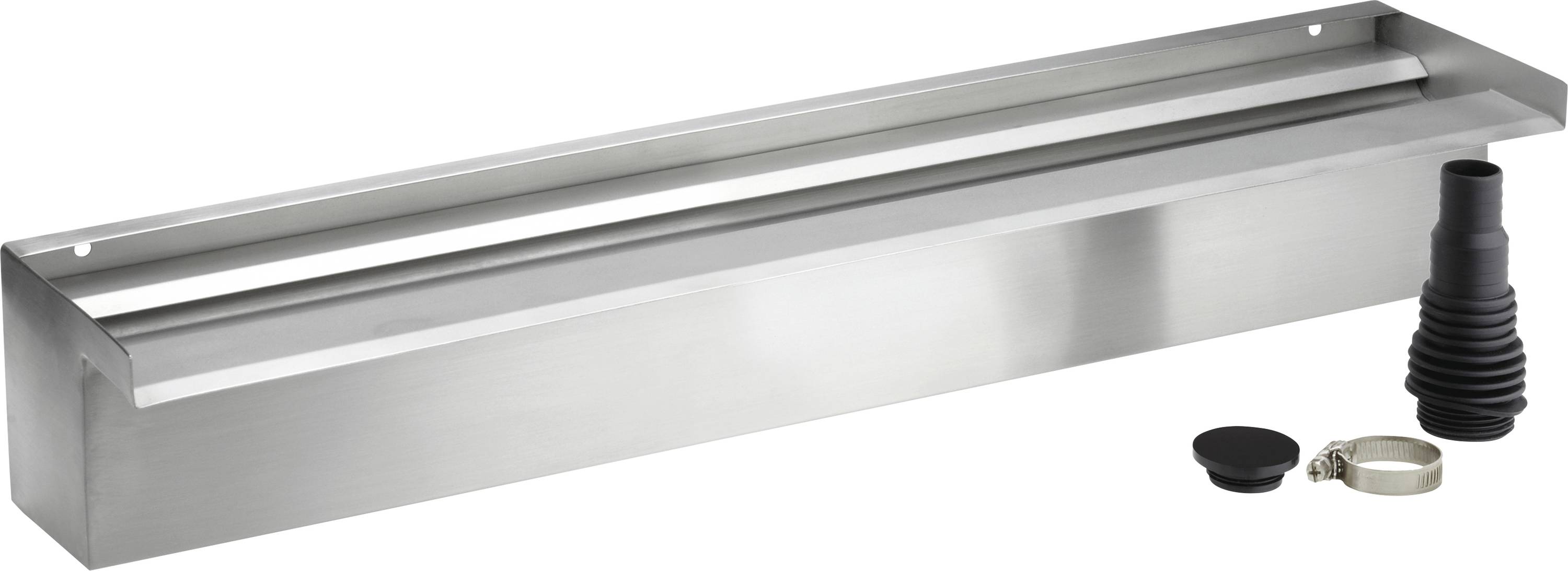 A stainless steel shower drain channel with a brushed finish, accompanied by a rubber adapter, cap, and metal ring, viewed from the side.