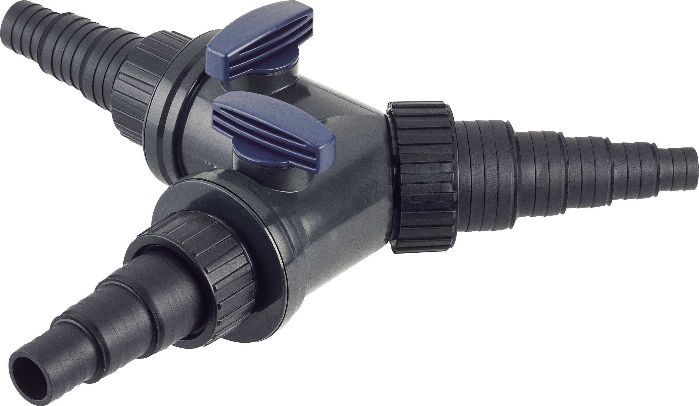 A black plastic Y-shaped pipe connector with two blue lever handles, featuring multiple ribbed outlets for flexible hose connection.