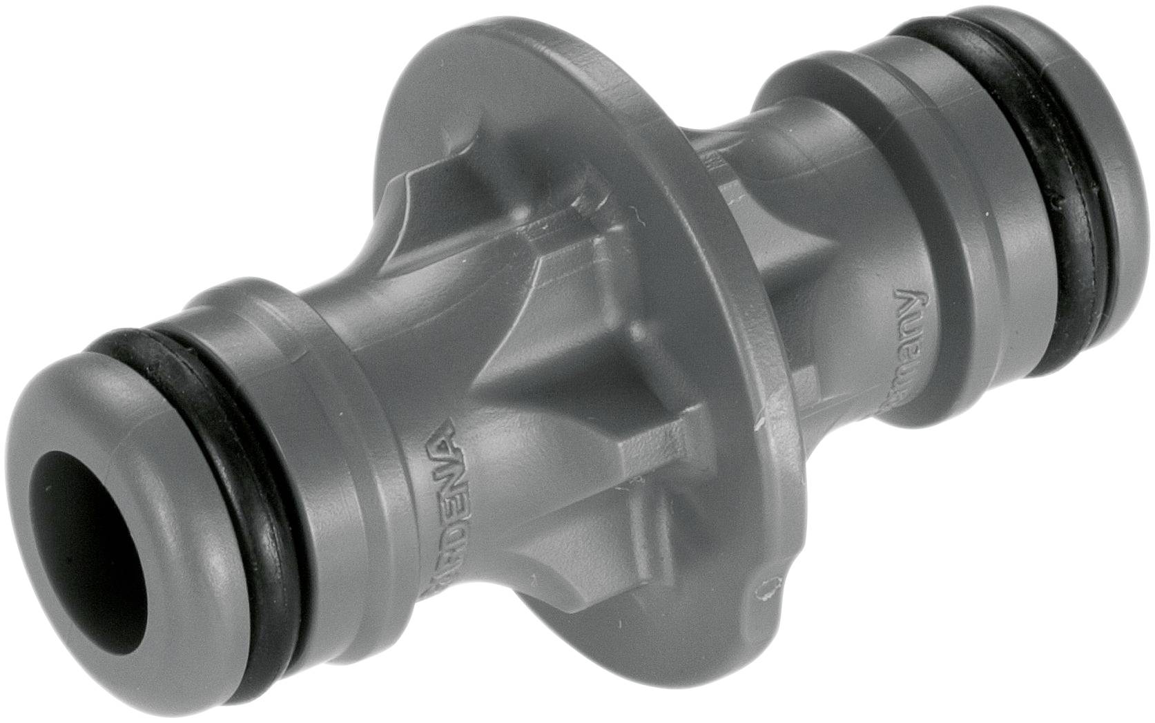 Grey plastic garden hose connector with two O-rings at the ends, for easy connection of garden hoses.
