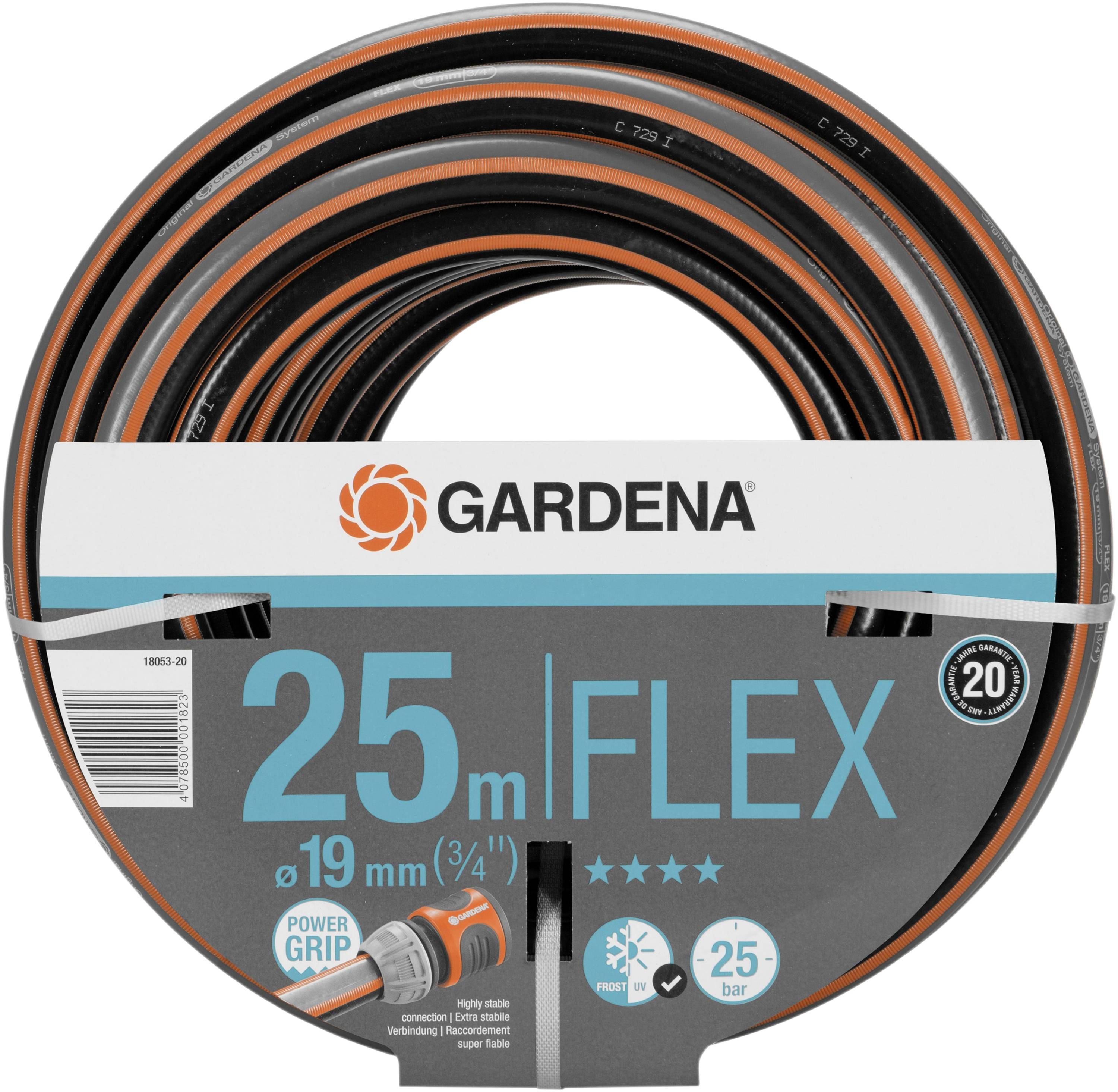 Garden irrigation hose, 25 m, Gardena Flex, 19 mm diameter, with Power-Grip profile for better connection, 25 bar pressure.
