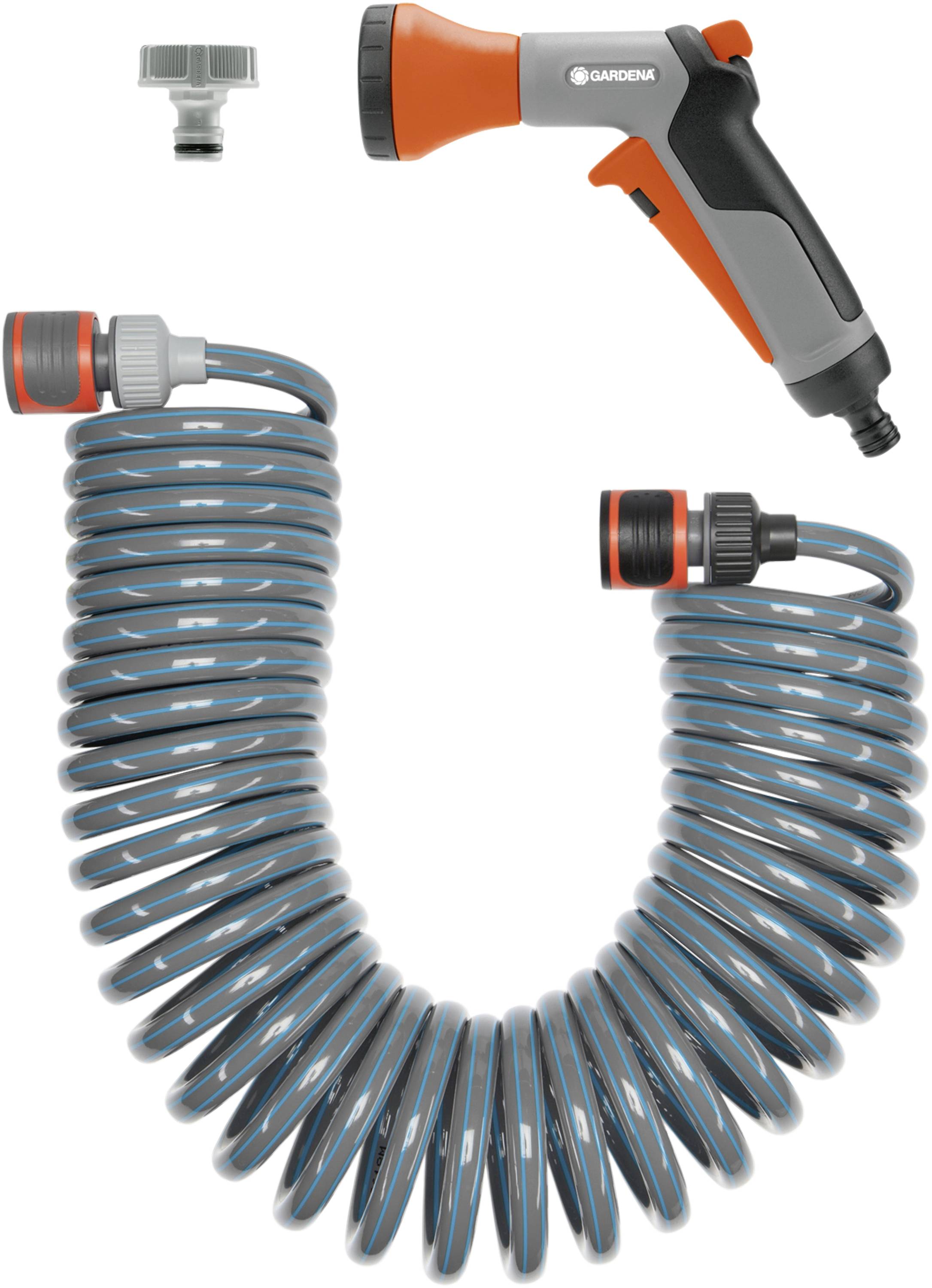 Hose set with an orange-grey spray handle, flexible grey spiral hose, and adapter. Garden accessory for watering.