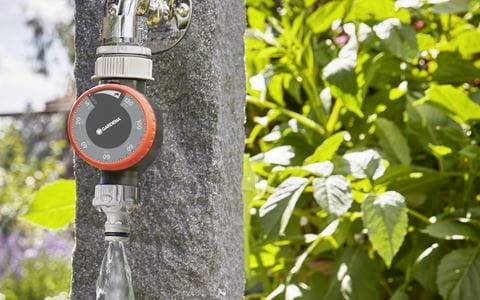 Garden tap with timer for irrigation, surrounded by green plants.