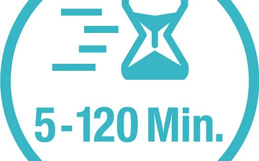 '5 - 120 Min.' text next to a stylized hourglass and speed lines, indicating a time range or duration.