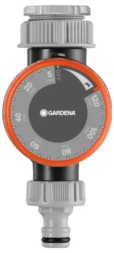 Gardena water timer with a dial ranging from 5 to 120 minutes and a 'Manual' setting, used for controlling garden irrigation.