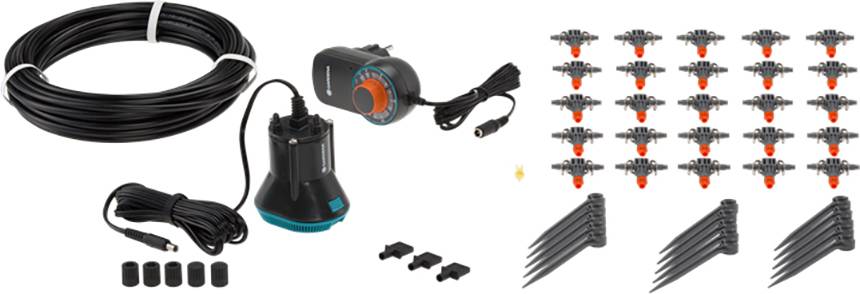 Irrigation system set with hose, pump, timer, and multiple sprinklers for precise garden watering.