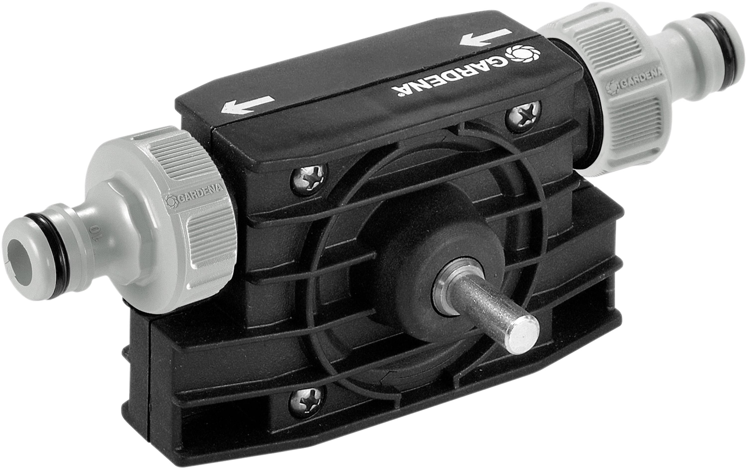 A black Gardena water pump adapter with grey rotary locks at both ends. An arrow on the top surface indicates the flow direction.