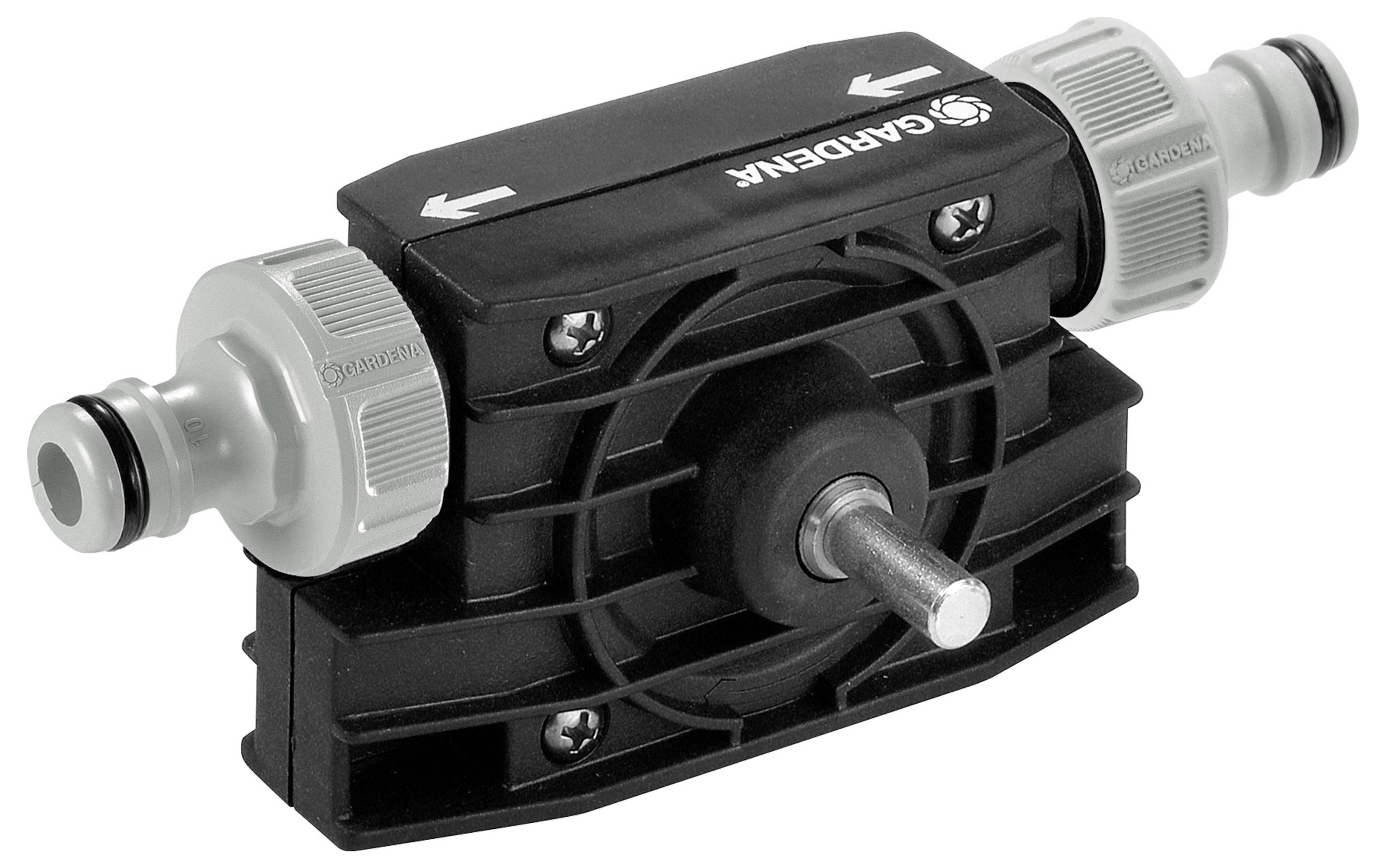 Gardena water pump with a black casing and grey connections, suitable for garden hoses, with arrows indicating flow direction.