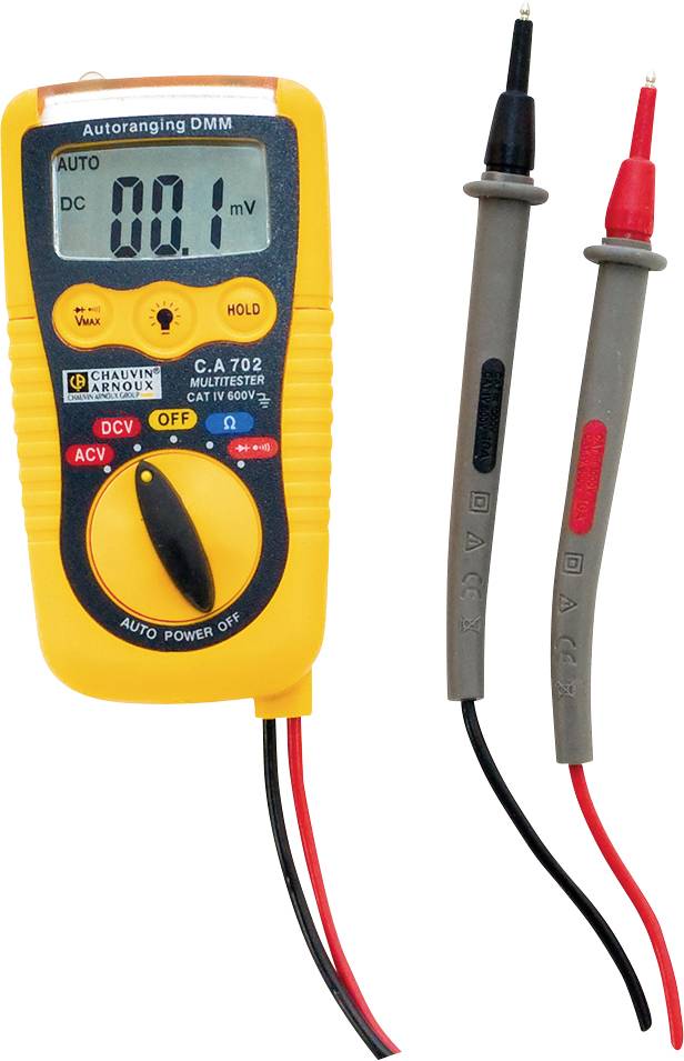 A yellow digital multimeter displays '0.0 mV' on its screen. Two cables, red and black, are connected to the device.