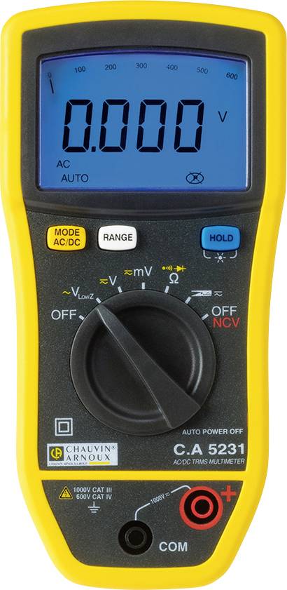 A yellow digital multimeter displays 0.000 volts on the display. The scale below offers settings for voltage, resistance, and current.