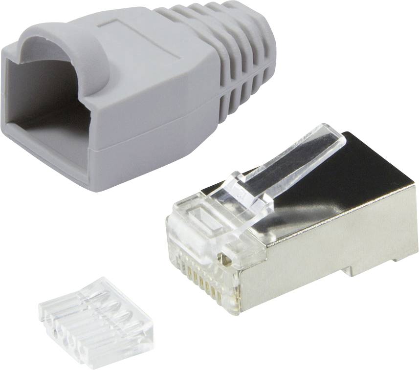 RJ45 plug with metallic connector, clear plastic cover, and gray strain relief boot, used for creating Ethernet cables.