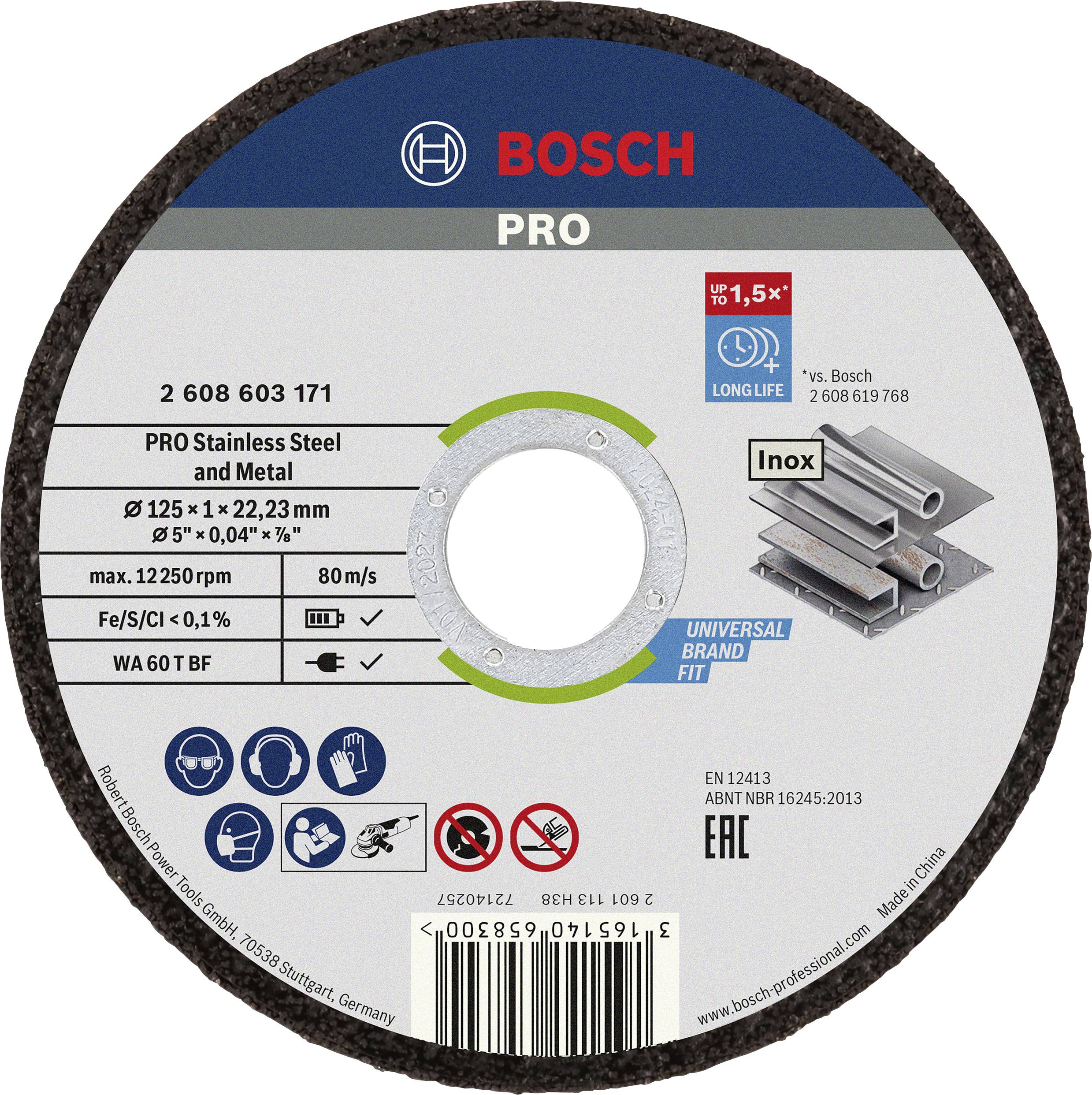 Bosch grinding disc, suitable for stainless steel and metal, 125 mm diameter, with protective symbols for usage instructions.
