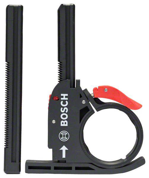 Two parallel plastic clamps with red levers, featuring a Bosch logo. They are used for precise woodworking.