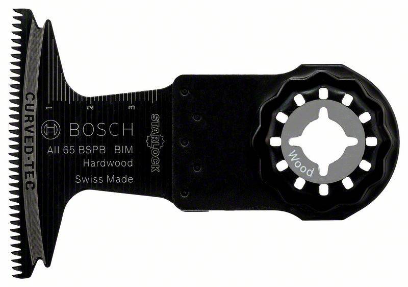 Multitool saw blade with the inscription 'Bosch, Swiss Made, Hardwood'. It is designed for woodworking and features the Starlock mounting system.