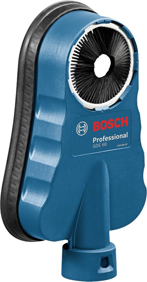 Bosch vacuum cleaner attachment with blue holder and black brush, model 'GDE 68', for dust extraction during grinding work.