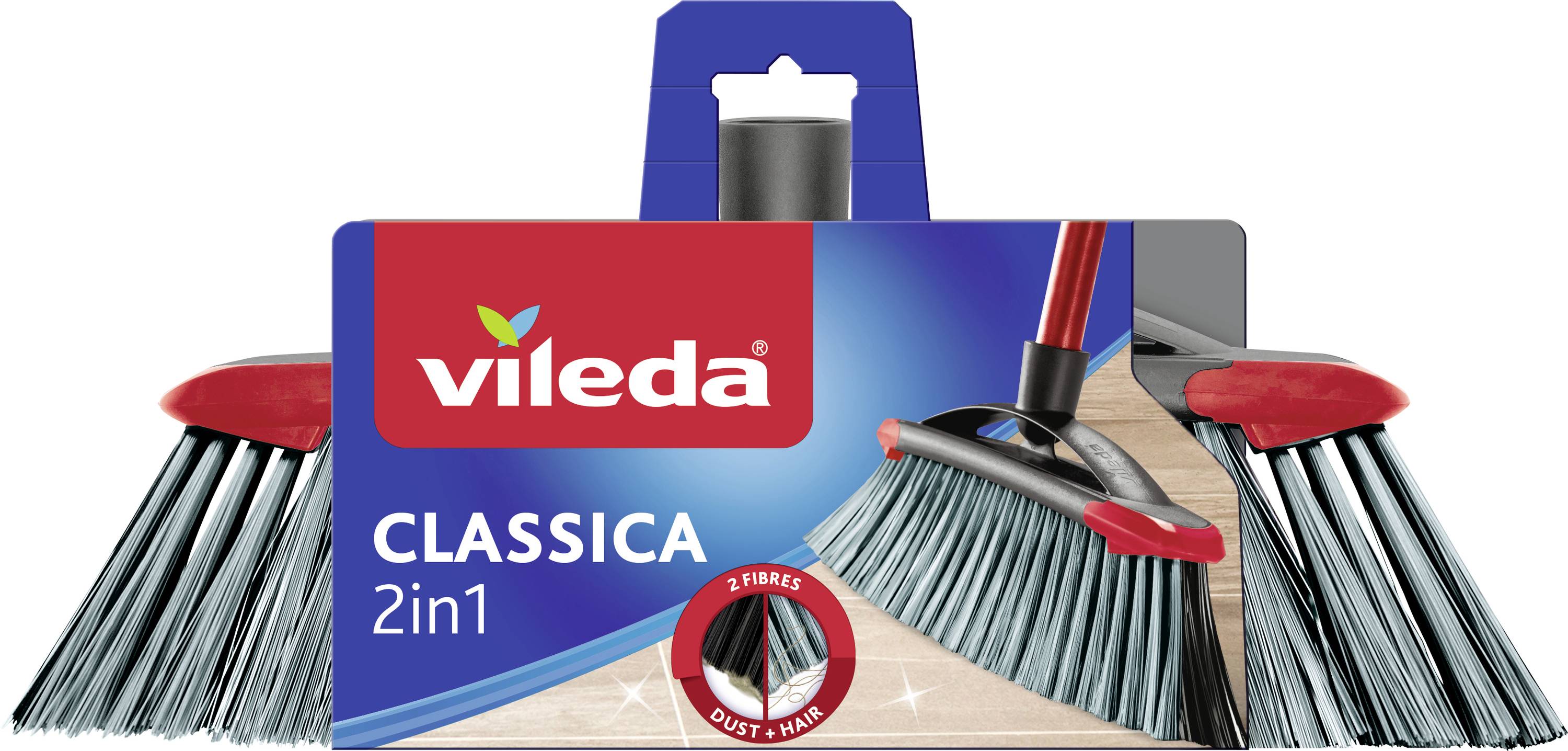 Vileda Classica 2in1 broom and dustpan cleaning set packaging, showing red-and-gray bristles and a dustpan.