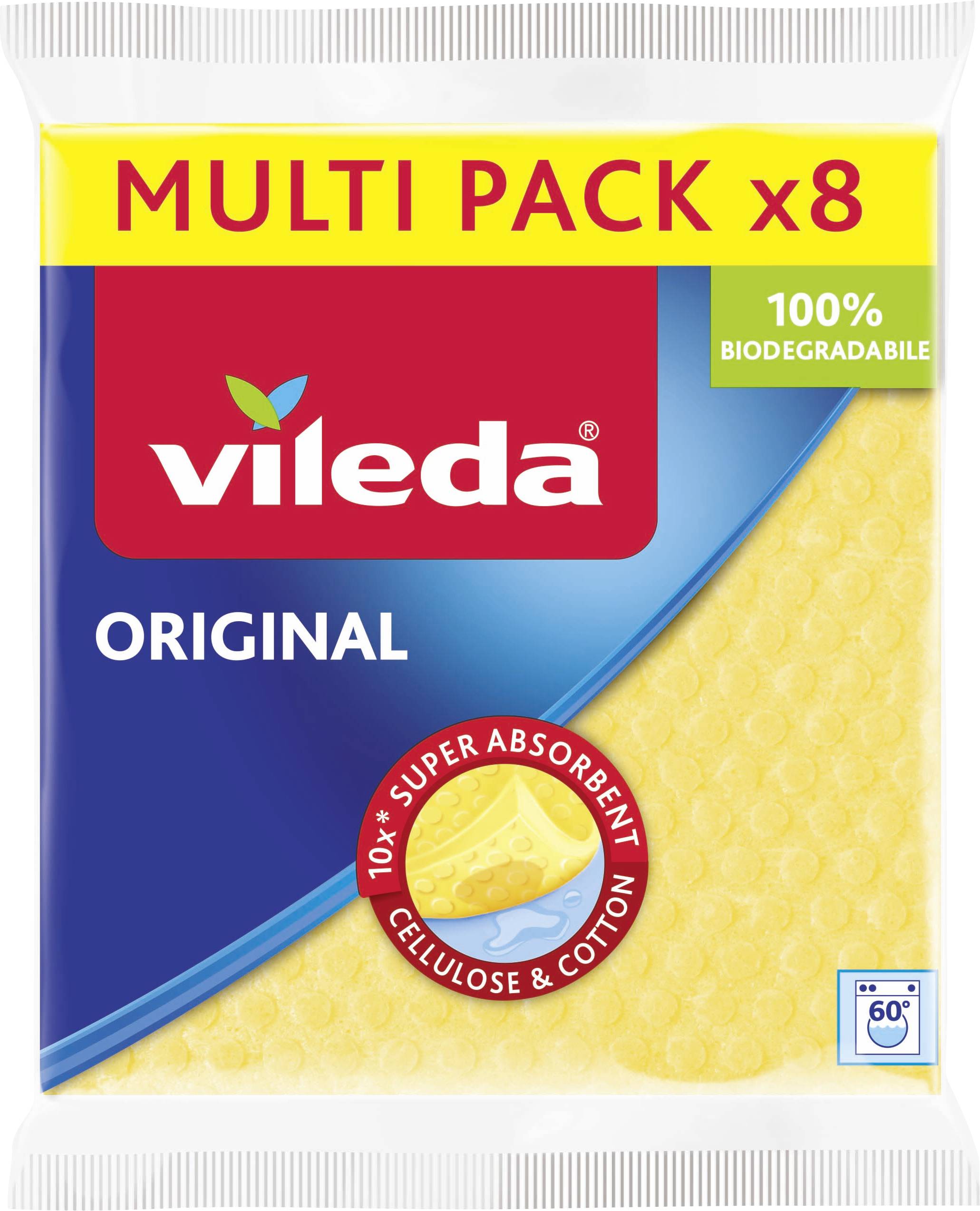 Vileda Original multi pack x8 biodegradable sponge cloths, labeled 10x super absorbent and washable at 60°C.